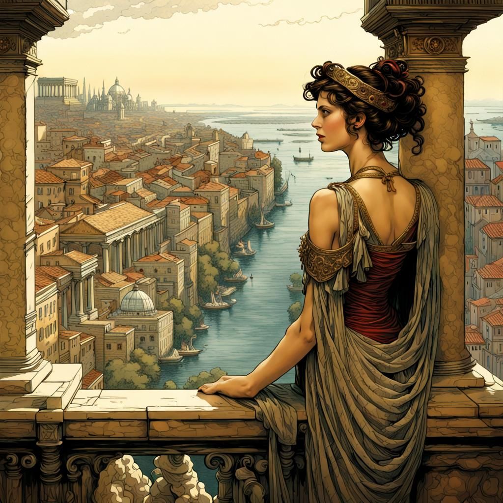 Roman Woman Overlooking City, Detailed Matte Painting