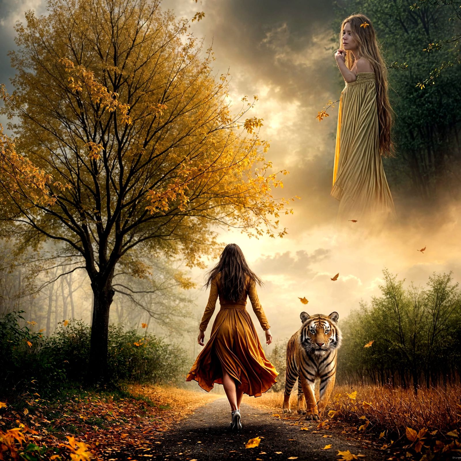 Autumn Goddess Surrounded by Majestic Tiger in Enchanted For...