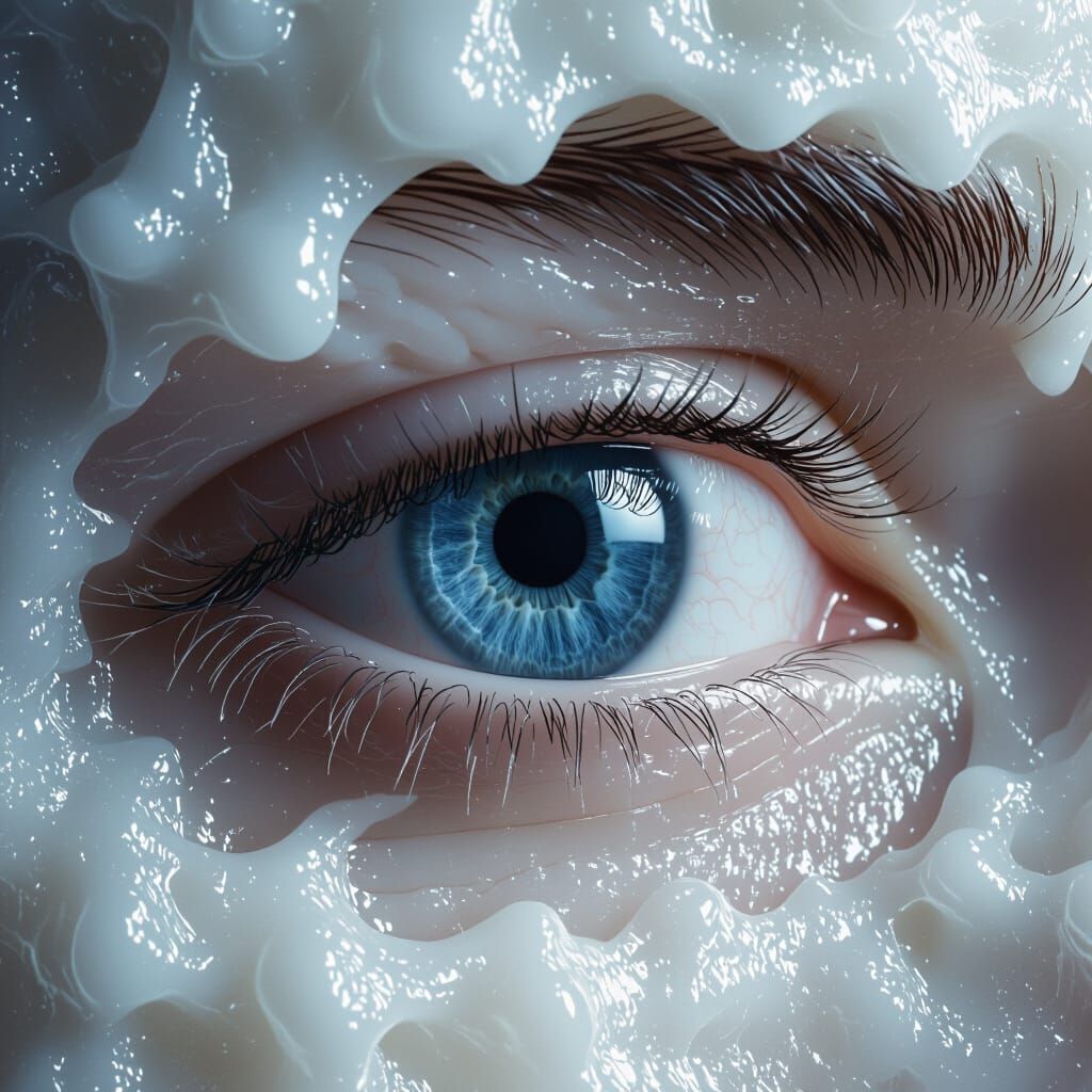 Hyperrealistic Eye Covered in Glistening White Fat