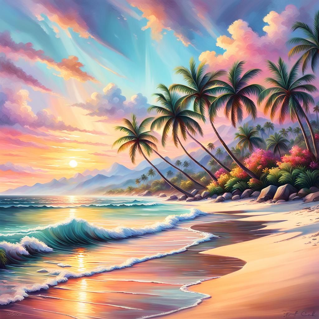 Serene Beach Sunset in Oil Painting Style
