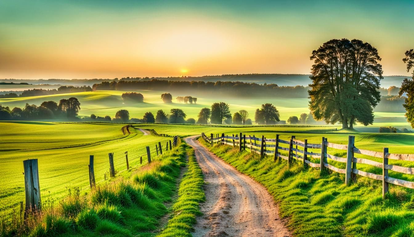 Sunrise Over Green Pasture in French Countryside