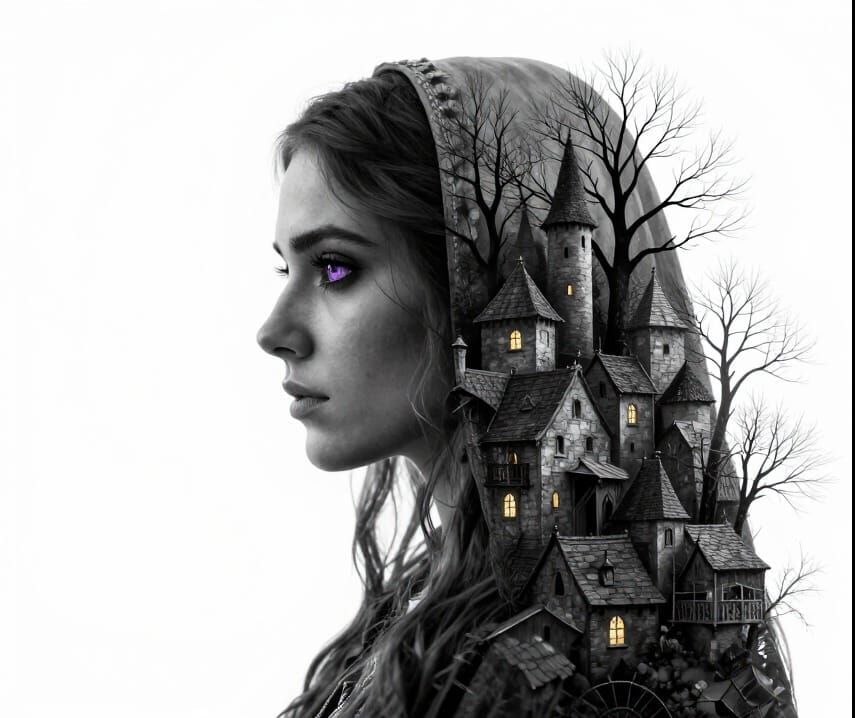 Mysterious Peasant Woman with Medieval Village Overlay