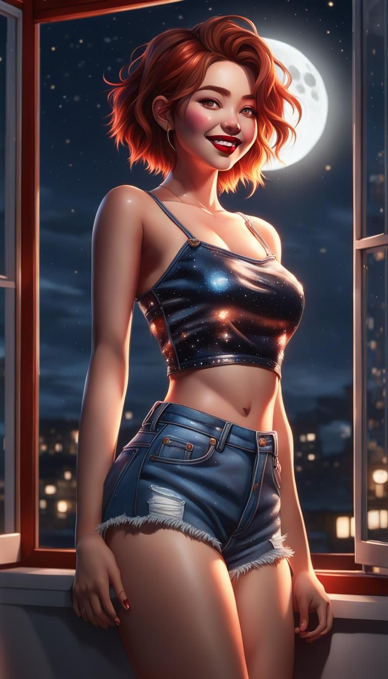 Full body view, cute auburn messy hair, red lips, long eyela...