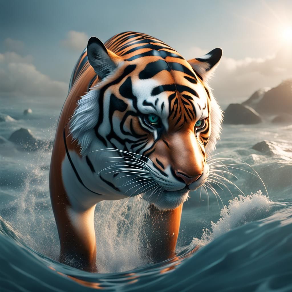 Majestic Tiger Dolphin Hybrid in 3D Cinematic Style
