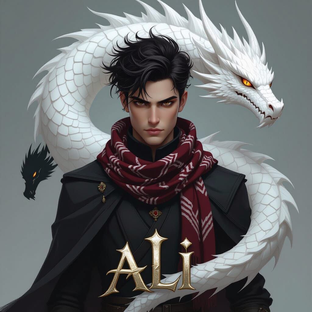 Warrior with Dragons and "ALI" Nameplate, Fantasy Art Style