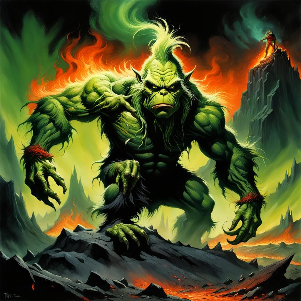 Surreal Dark Fantasy Beast Erupts from Fiery Mordor Landscap...