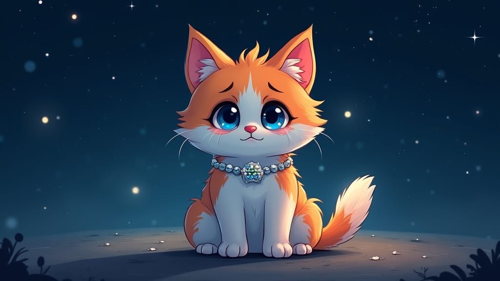 Crying Cat in Starry Night, Cartoon Digital Art