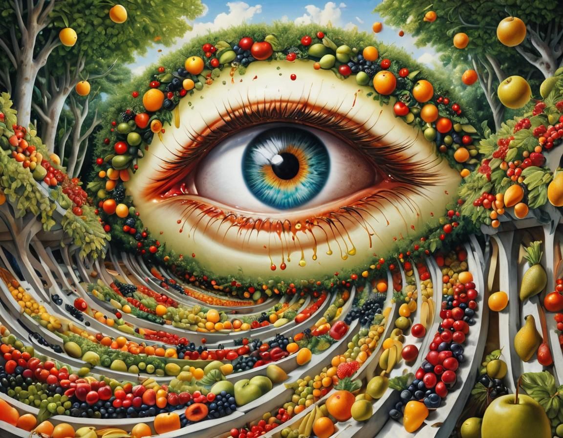 Dreamlike Surreal Inscape with Floating Fruit and Giant Eye