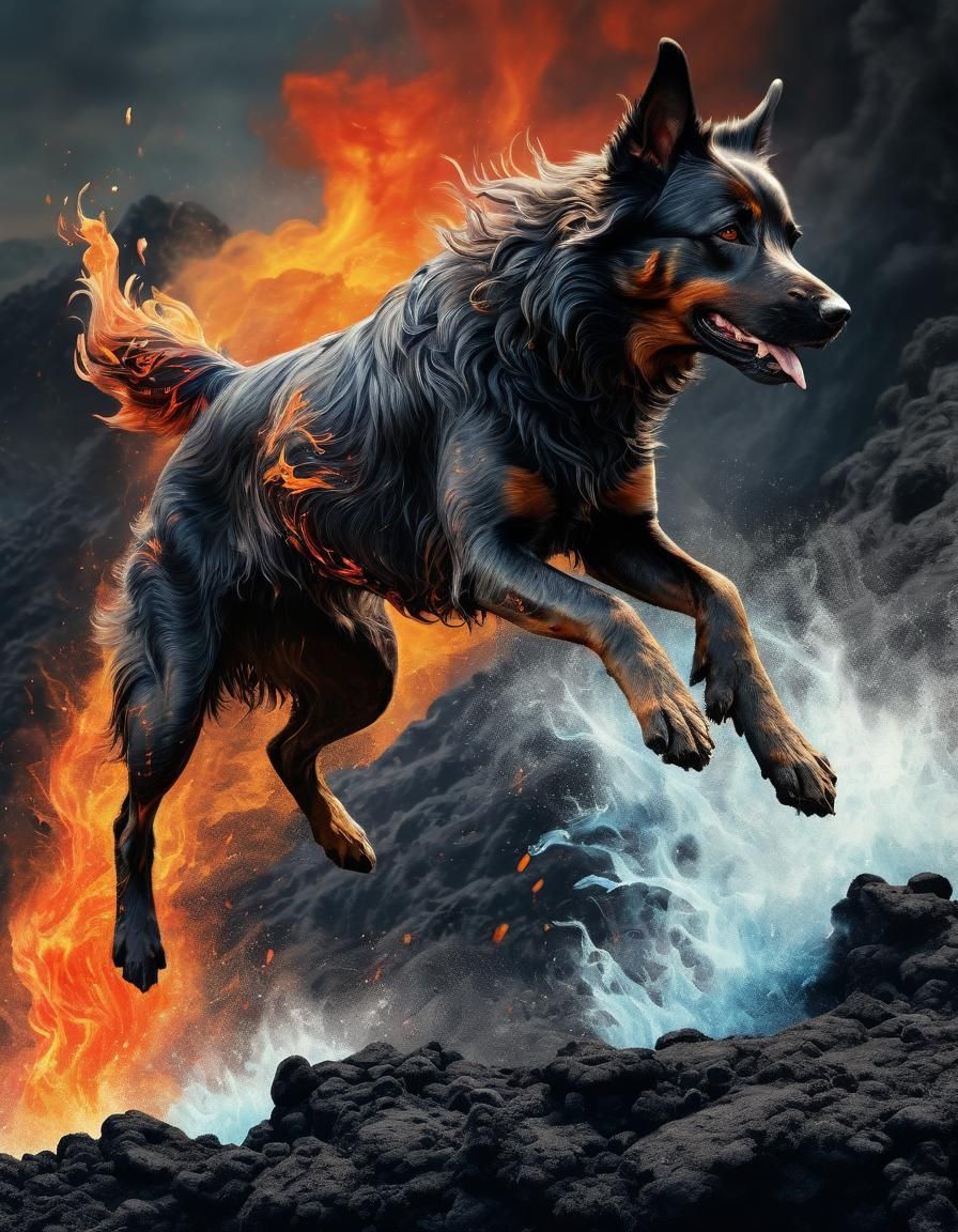 Volcanic Fire Dog Jumping Over Lava in Watercolor Style