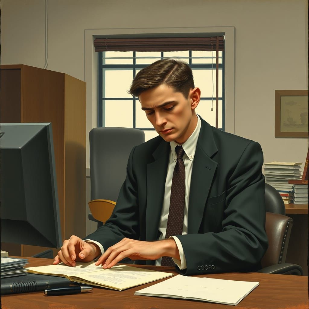 Monotonous Office Scene in Classical Realism Style