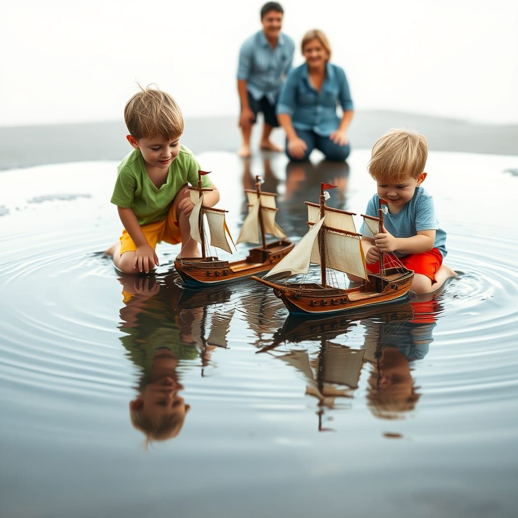 Joyful Boys Sail Pirate Ships in a Sparkling Puddle