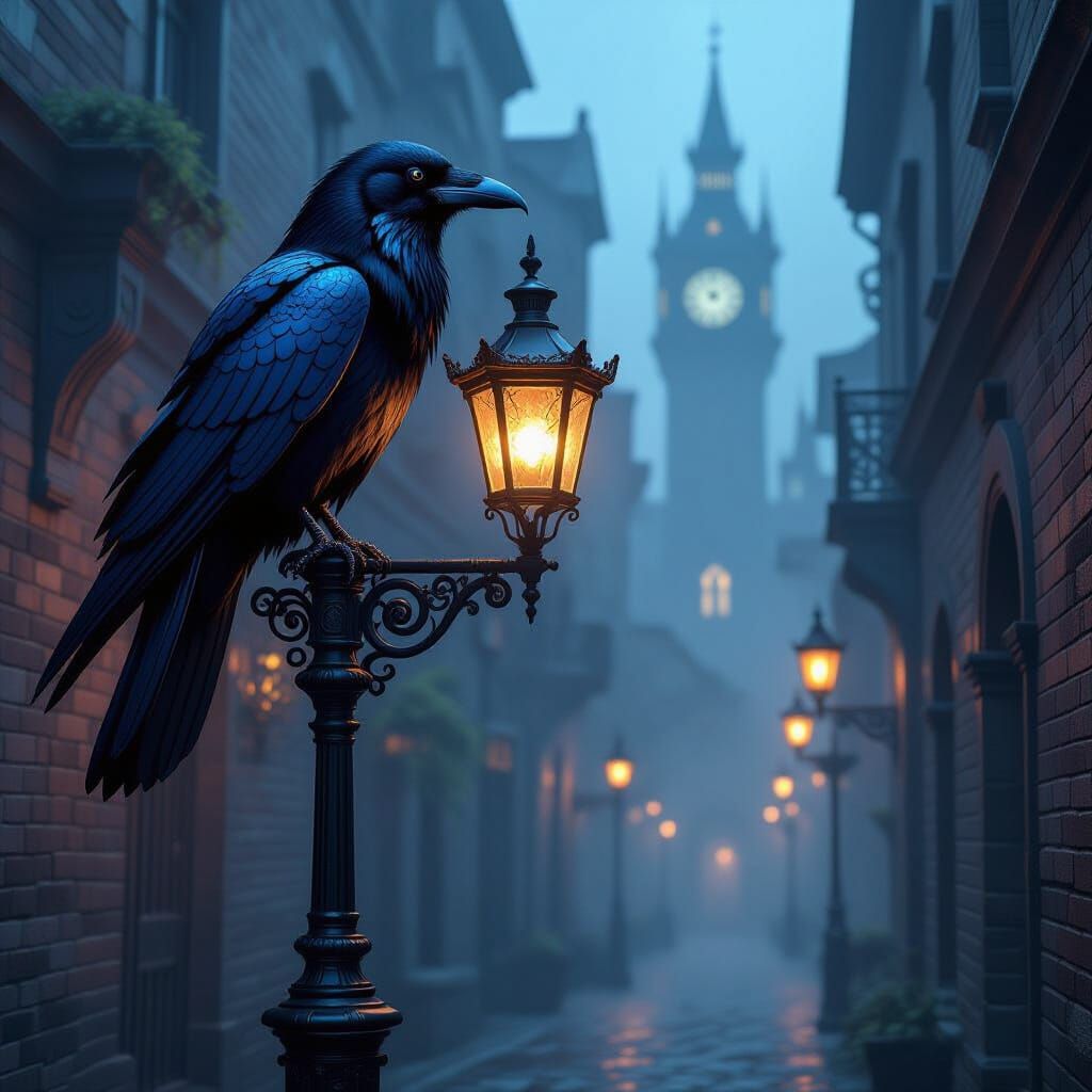 Steampunk Raven on Gaslit Streetlamp in Clockwork City