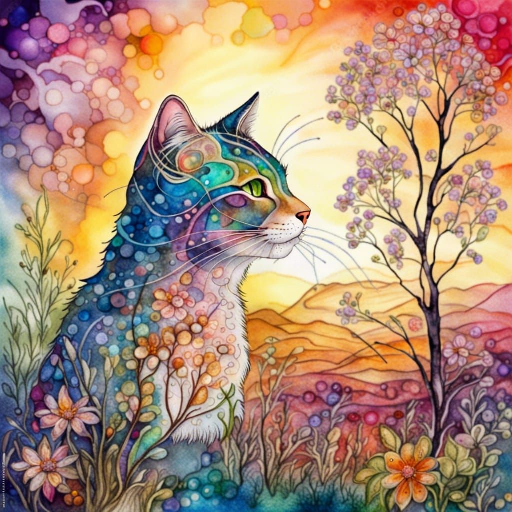 Cat in Meadow: Abstract Alcohol Ink Landscape