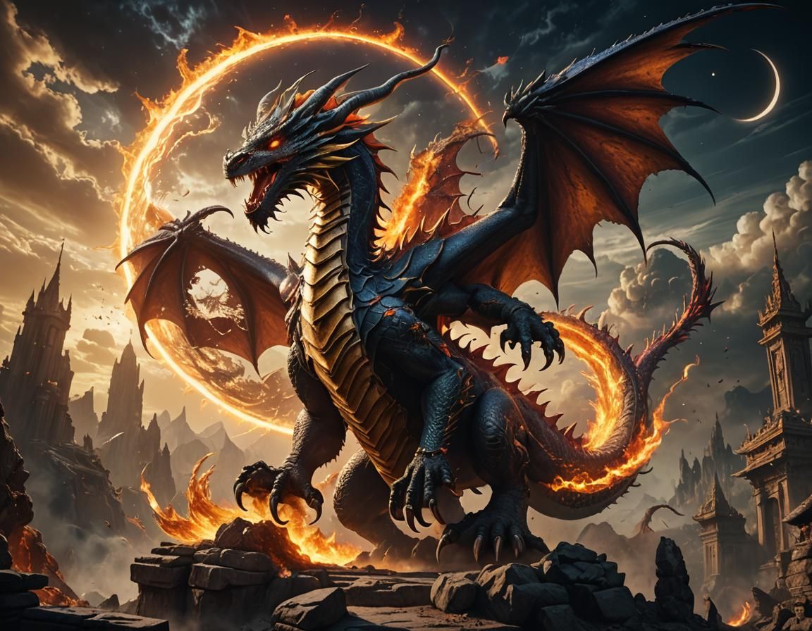 Celestial Dragon Devouring Sun: Fantasy Concept Art