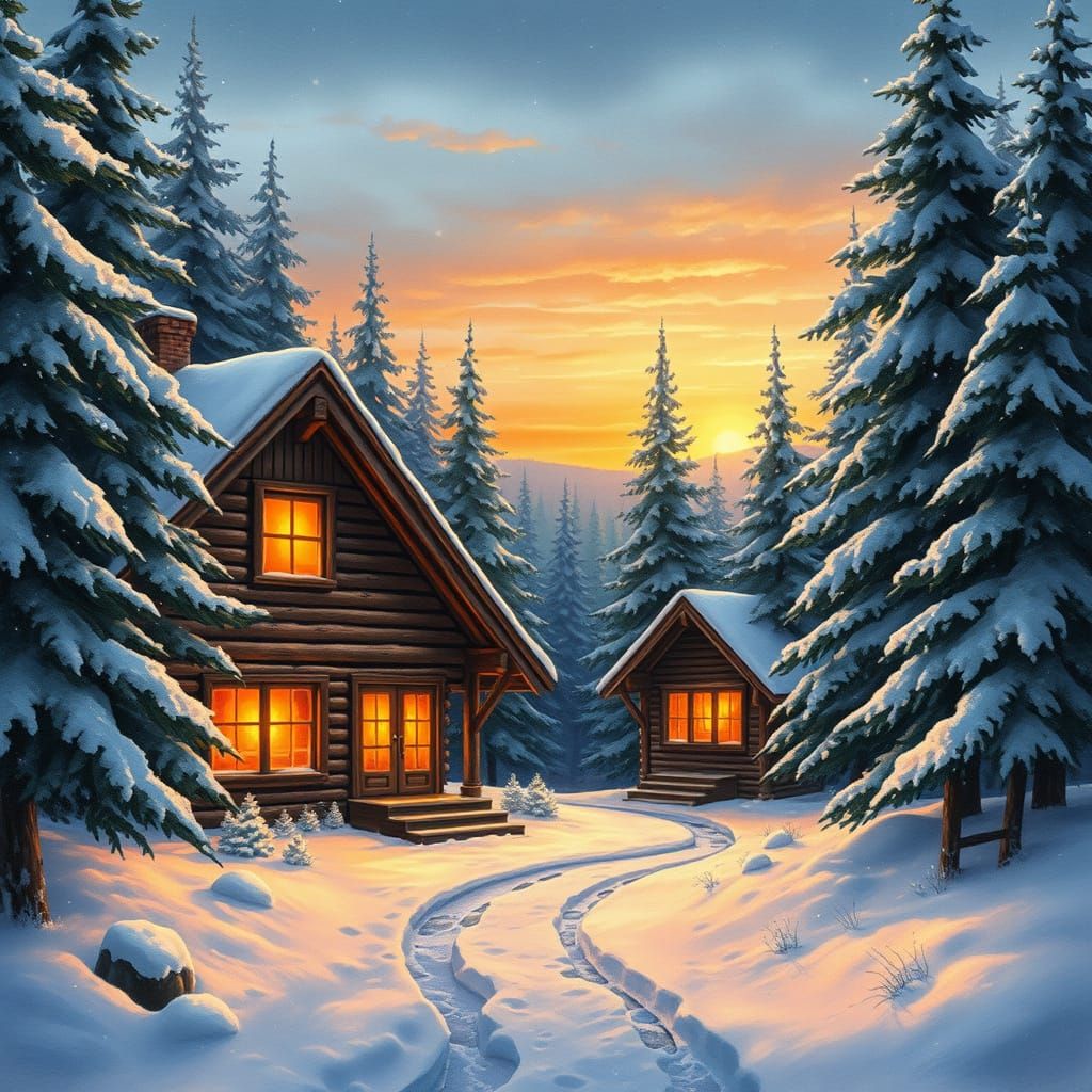 Cozy Winter Cabin Sunset in Watercolor Style