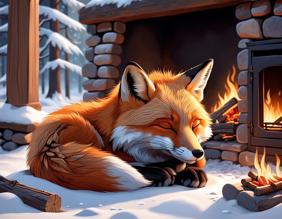 Cozy Fox Asleep by Fireplace in Winter Forest