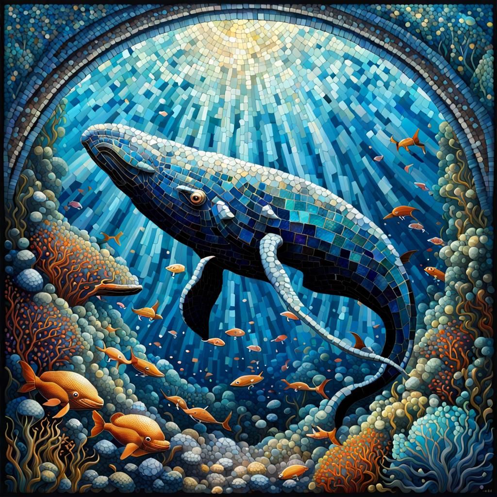 Blue Whale Mosaic in Pointillist Style