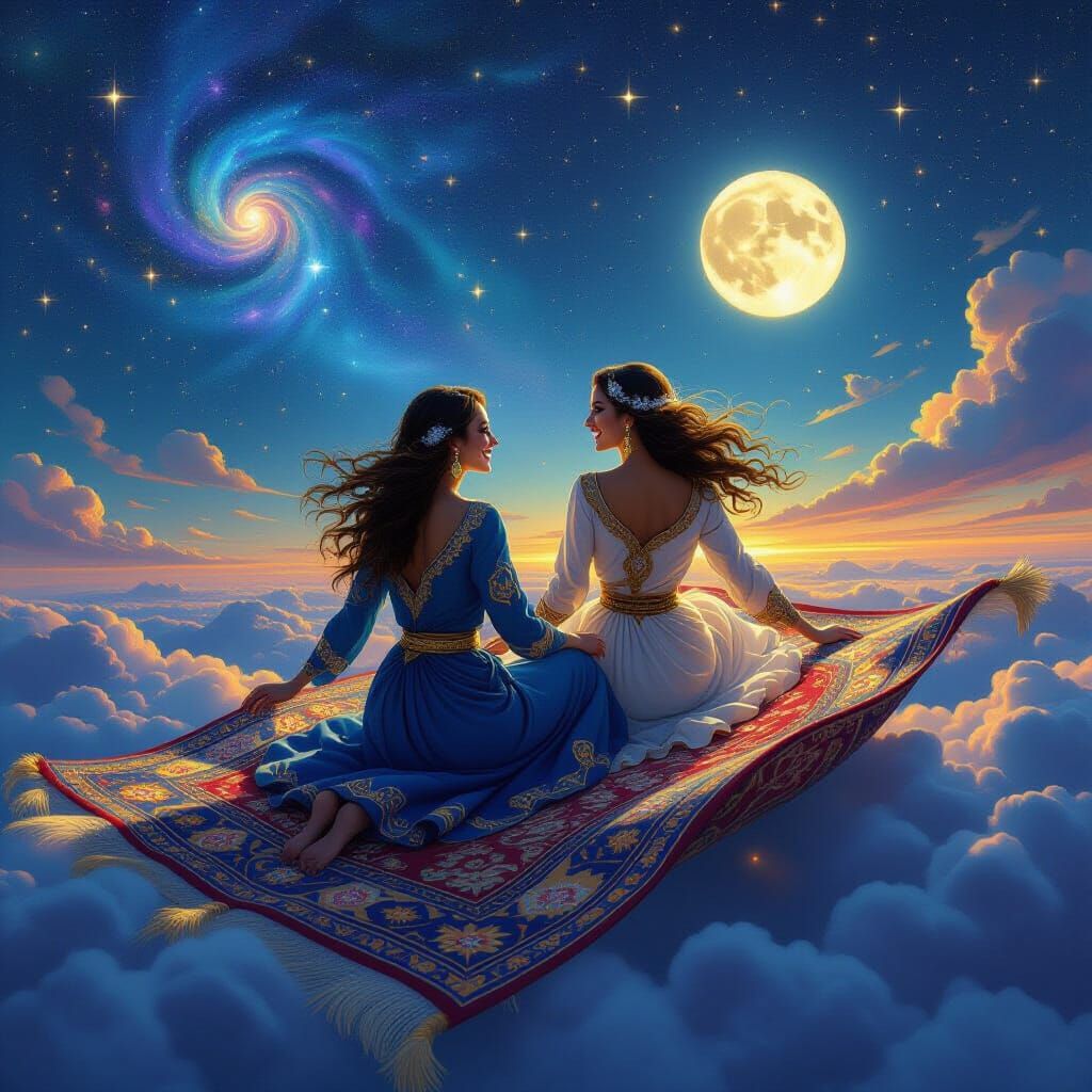 Joyful Women Ride Magic Carpet Through Starry Twilight Sky