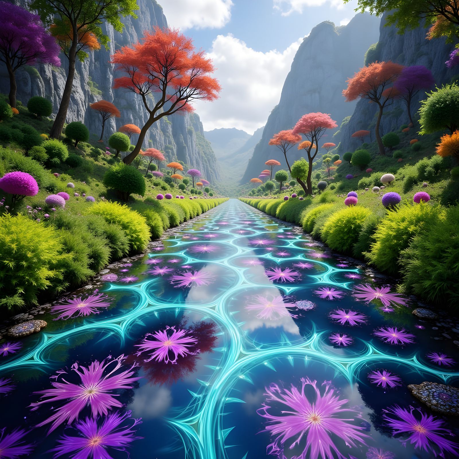 Kaleidoscopic River Valley with Fractal Reflections