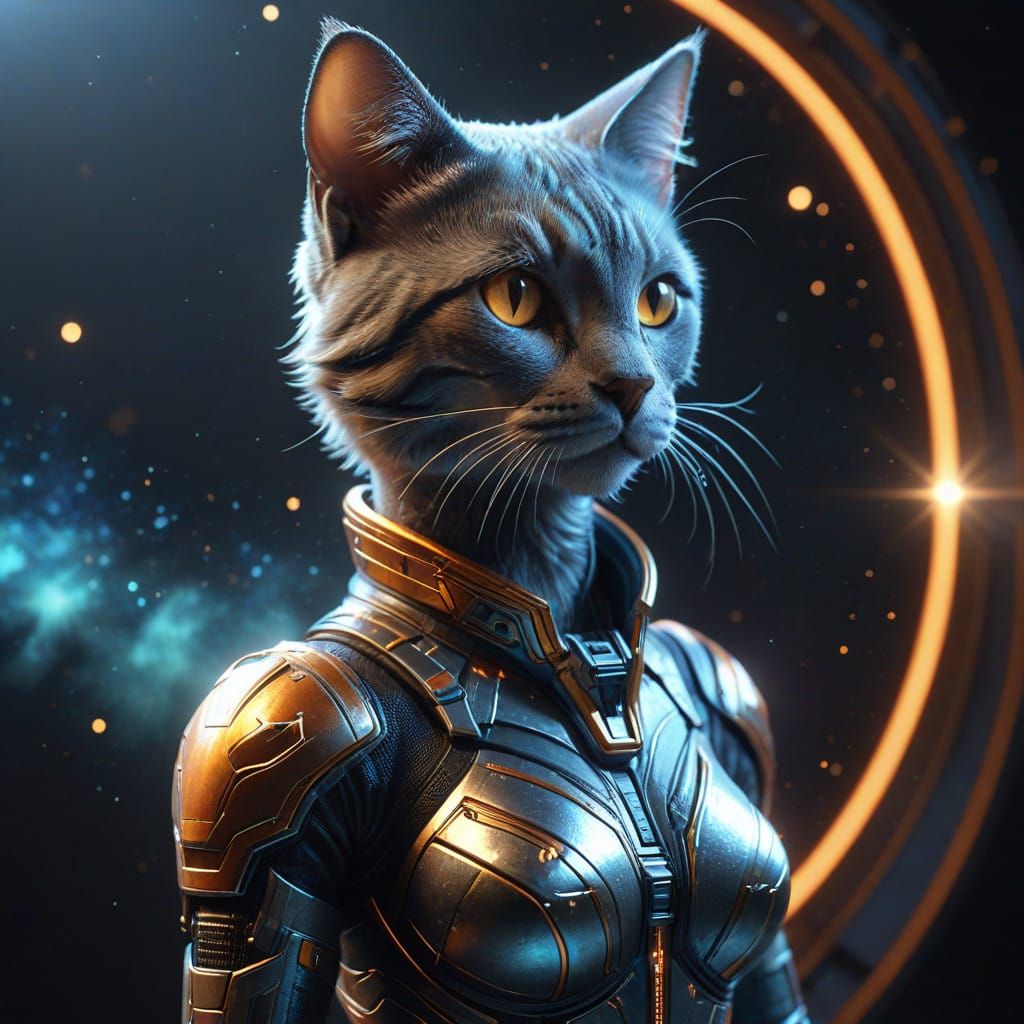 Futuristic Grey Cat in Cosmic Space Suit