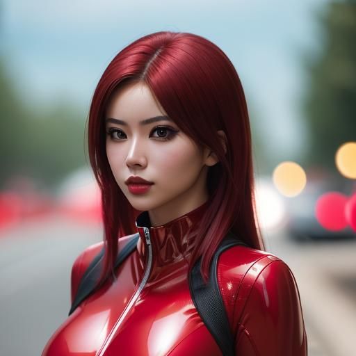 Woman in Red Latex Suit: Professional Photography