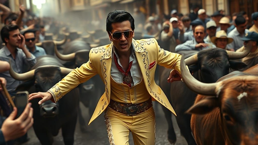 Elvis Runs with Bulls in Cinematic Hyperrealism