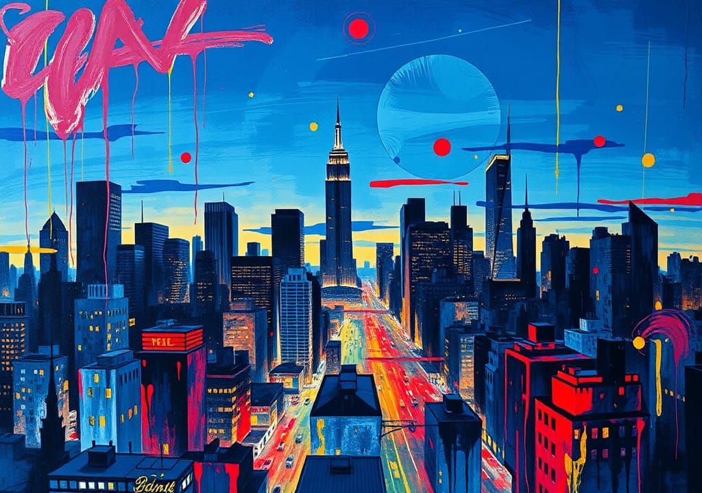 Ink splatter graffiti pop art skyline