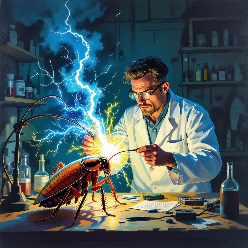 Mad Scientist Electrifies Giant Cockroach in Dramatic Lab Sc...