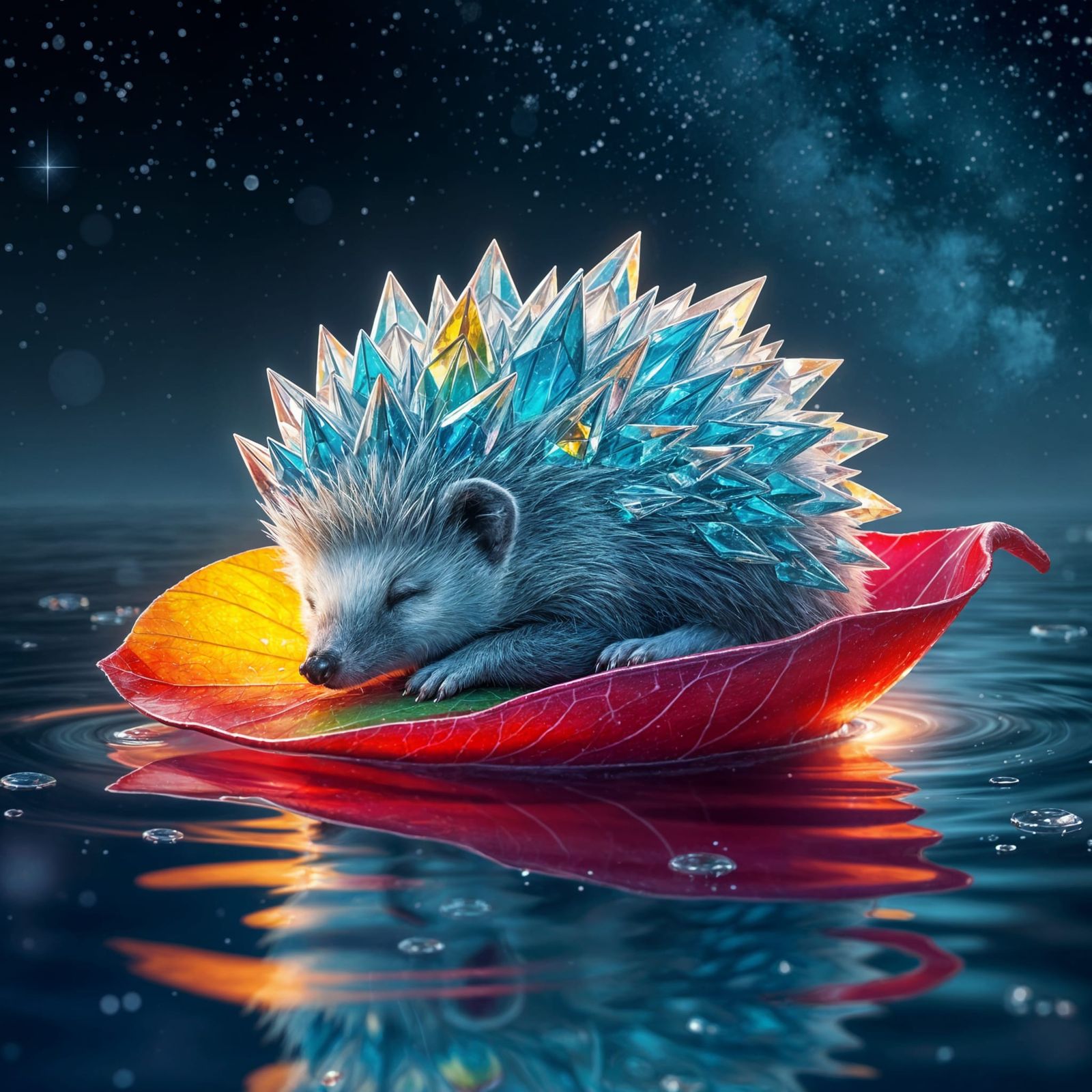 Cosmic snow ice crystal hedgehog, sleeping on a rainbow leaf...