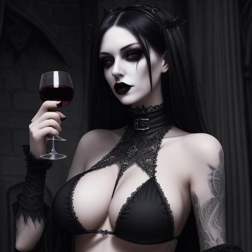 Gothic Woman in Dark Castle with Wine Cup