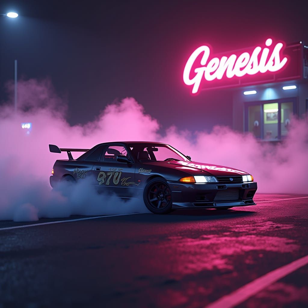 JDM Car Drifting with Synthwave Style Neon Sign