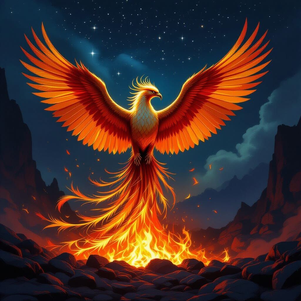 Majestic Phoenix Rises From Embers in Volcanic Landscape