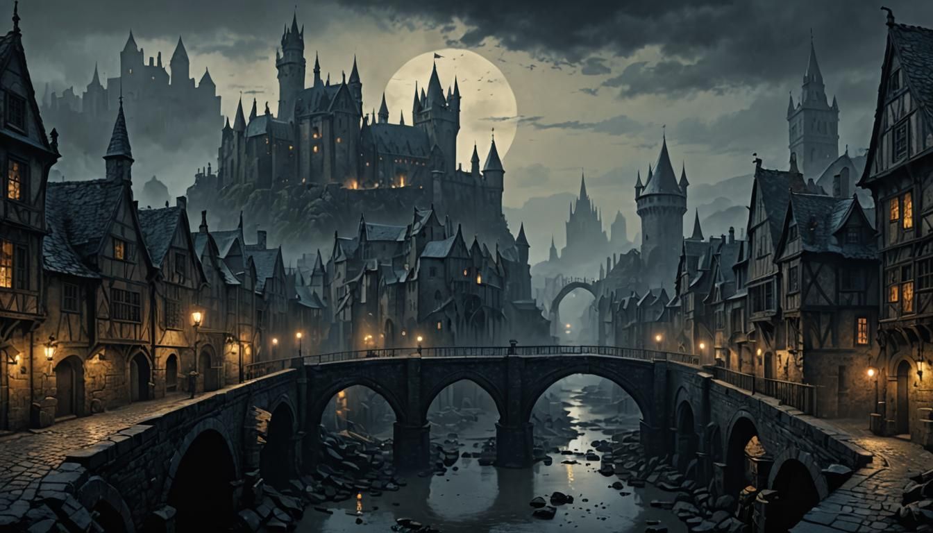 Dark Medieval Cityscape with Looming Castle