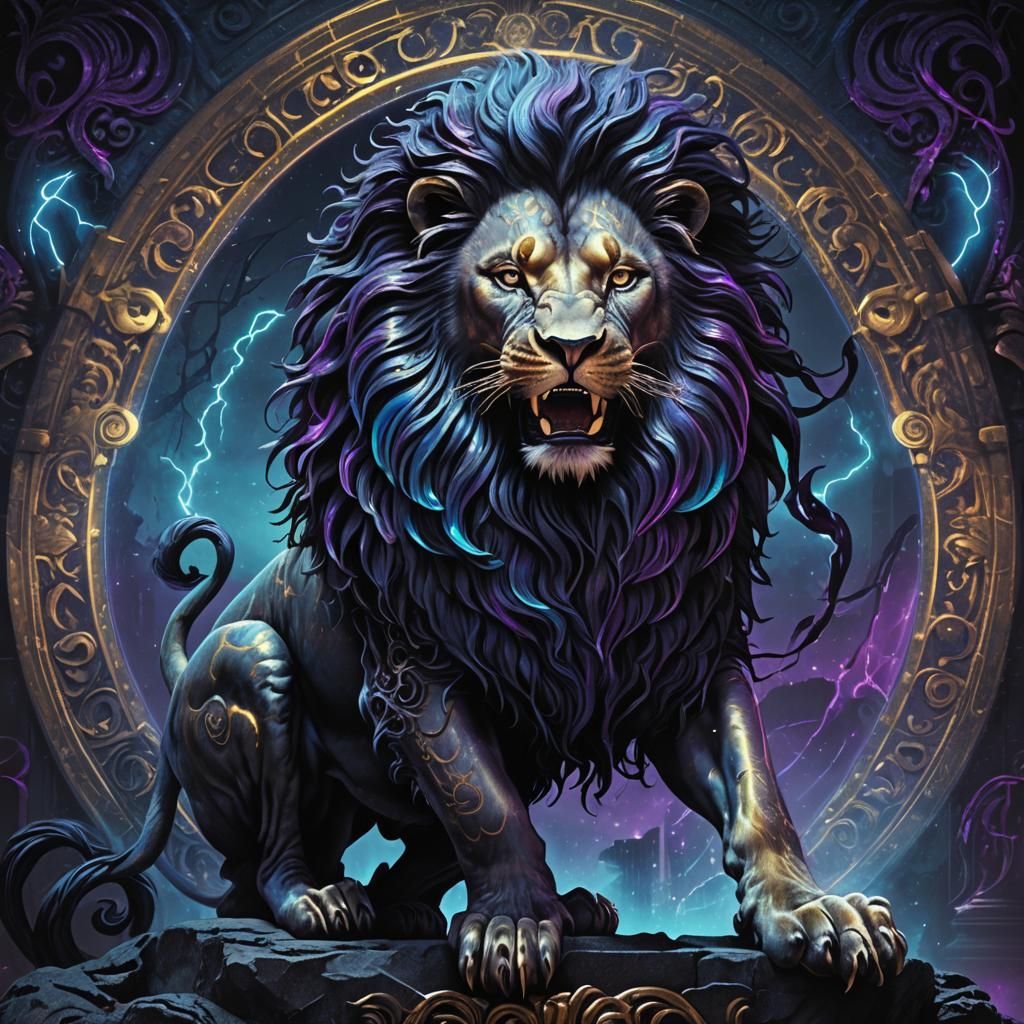 Neon Gothic Versace Lion Roaring, Fantasy Concept Art