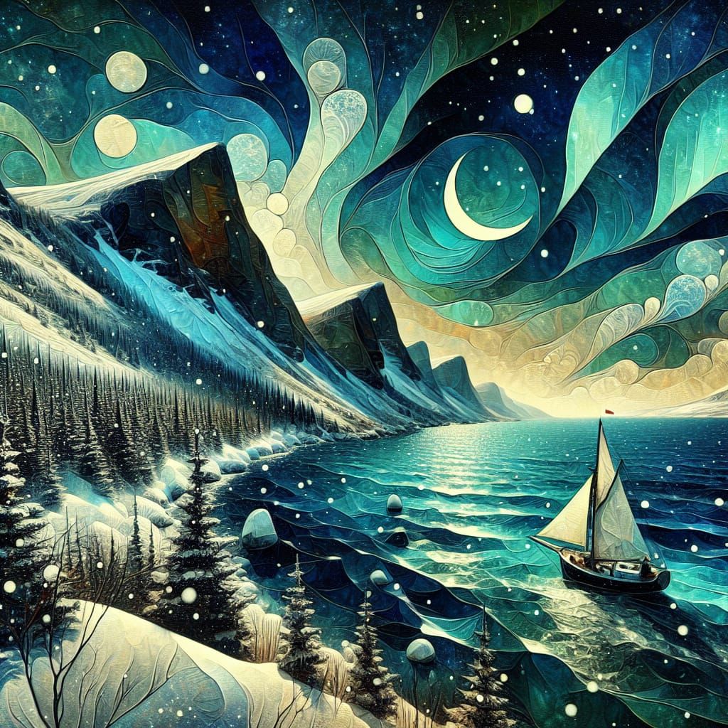 Surreal Newfoundland Sailboat Under Aurora, Digital Watercol...