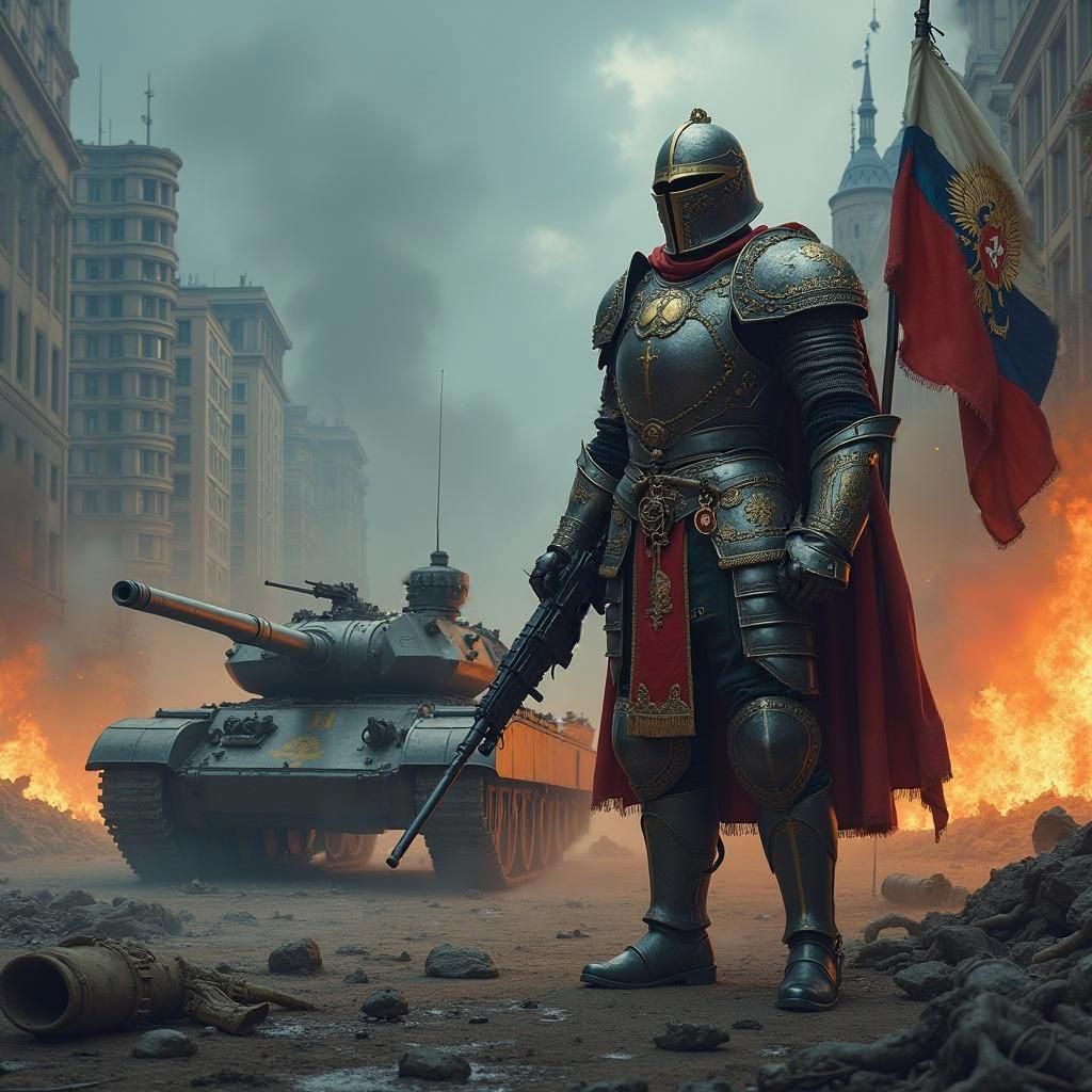 Armored Soldier in Burning City, Digital Matte Painting