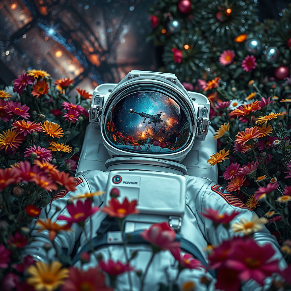 Astronaut in Flower Garden Reflecting Universe