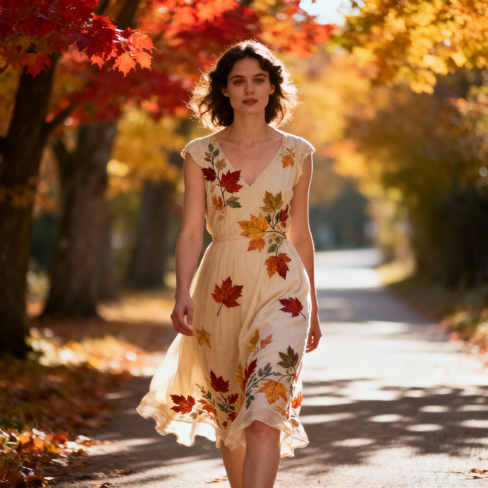 Serene Woman in Autumn Lane, Golden Hour Light