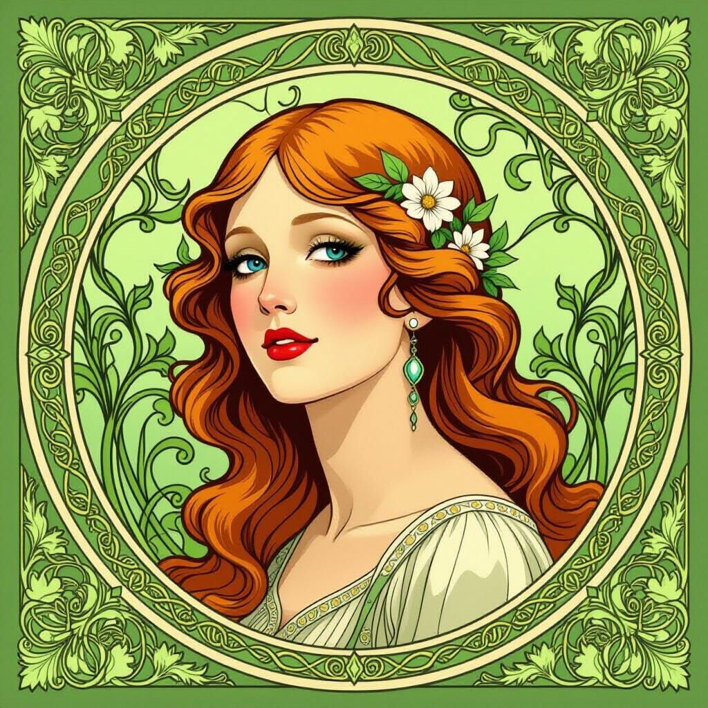 Elegant Art Nouveau Portrait in Dominant Green Hues