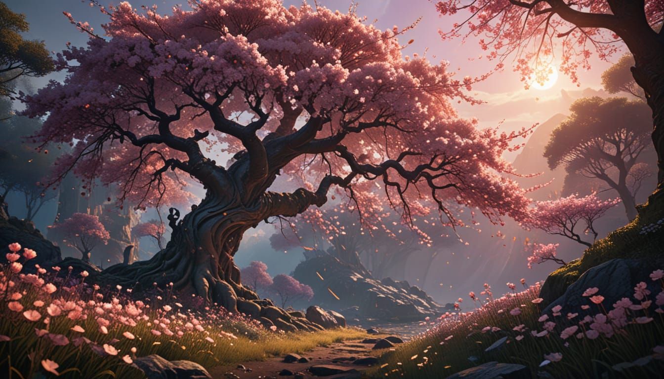 Enchanted Cherry Blossom Realm in Vibrant Dark Fantasy