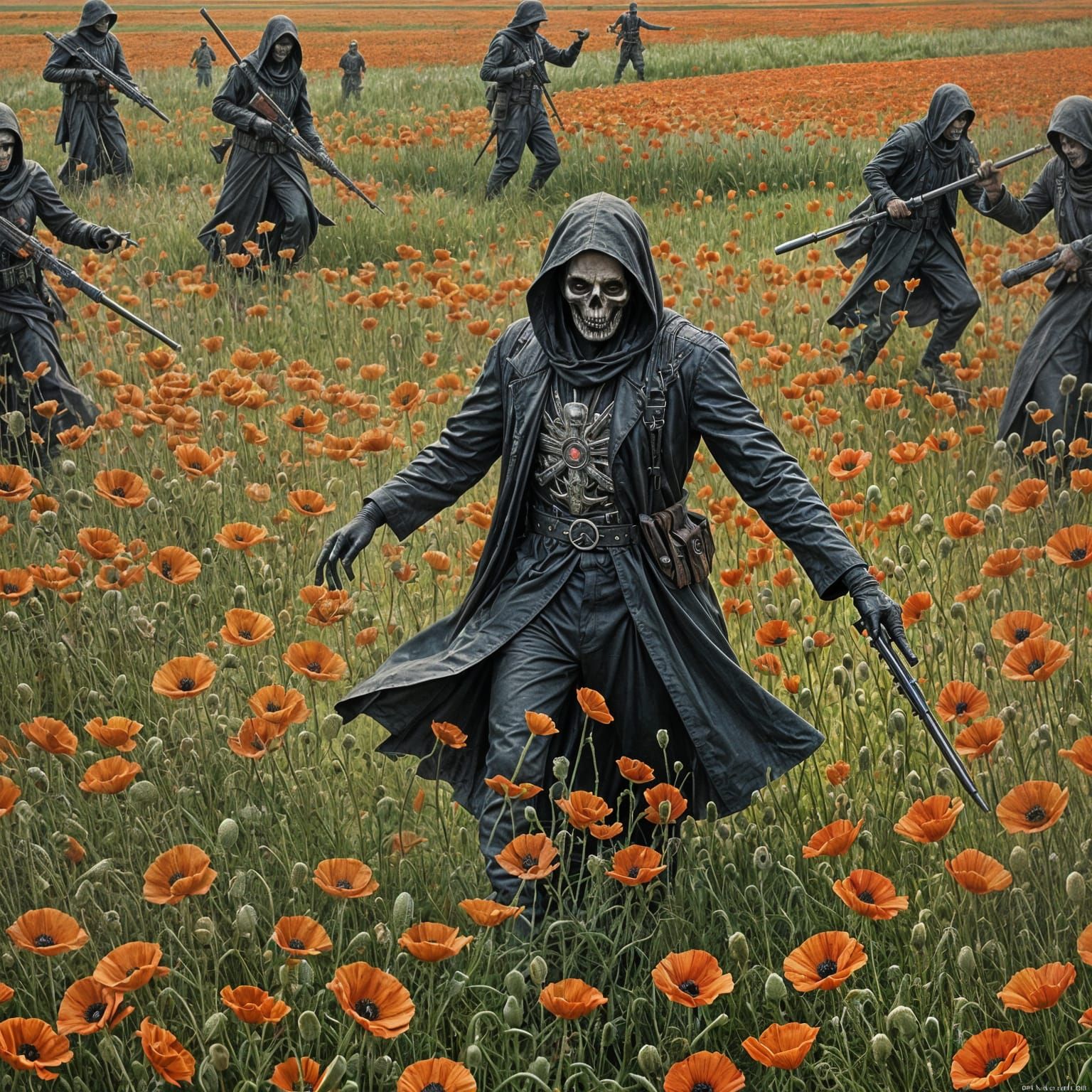 Grim Reaper's Dance in Poppy Fields: Hyperrealistic Art