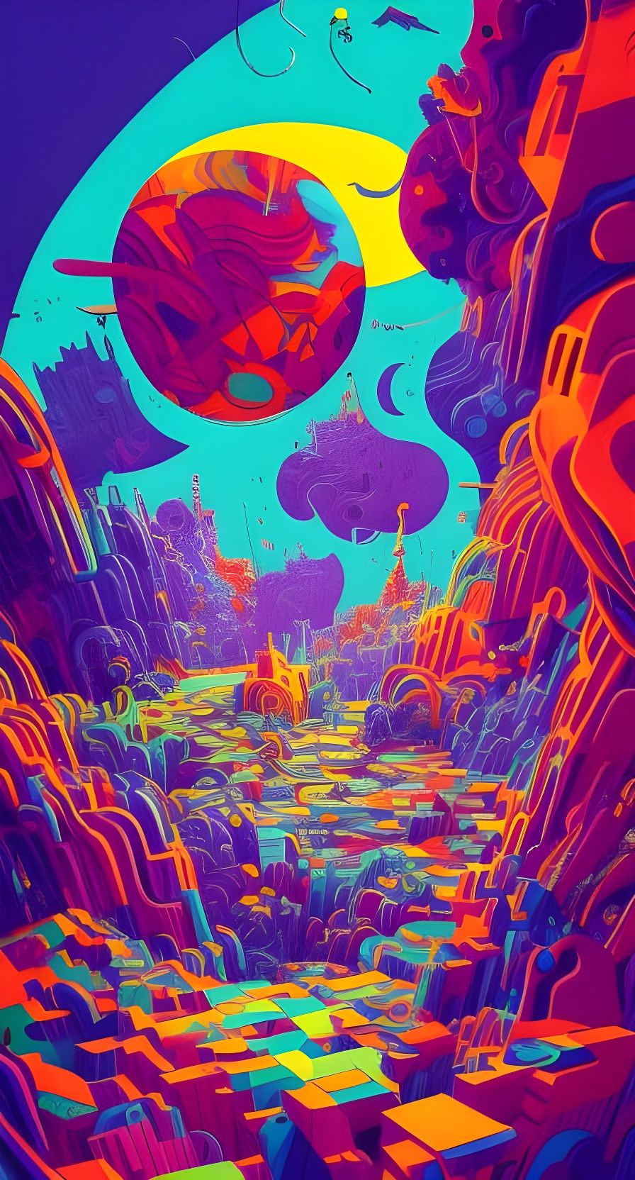 Psychedelic Landscape Art, Bright Colors, Intricate Details