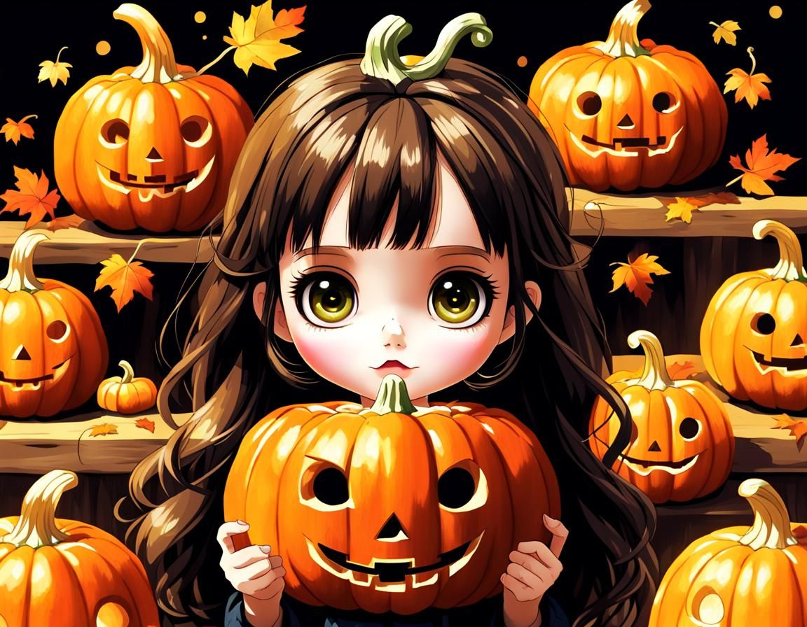 Blythe Doll Merged with Pumpkin in Anime Style