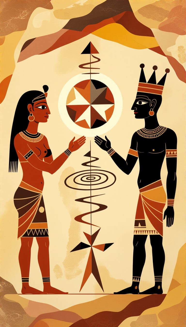 Ancient Cave Painting of Figures and Symbols in Earth Tones