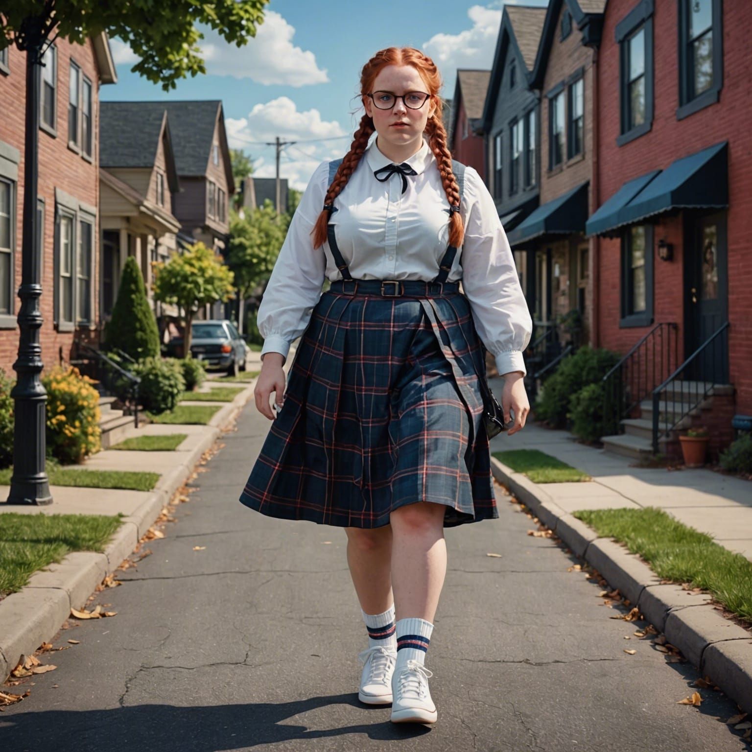 Young Woman Walking in Neighborhood: Detailed Matte Painting