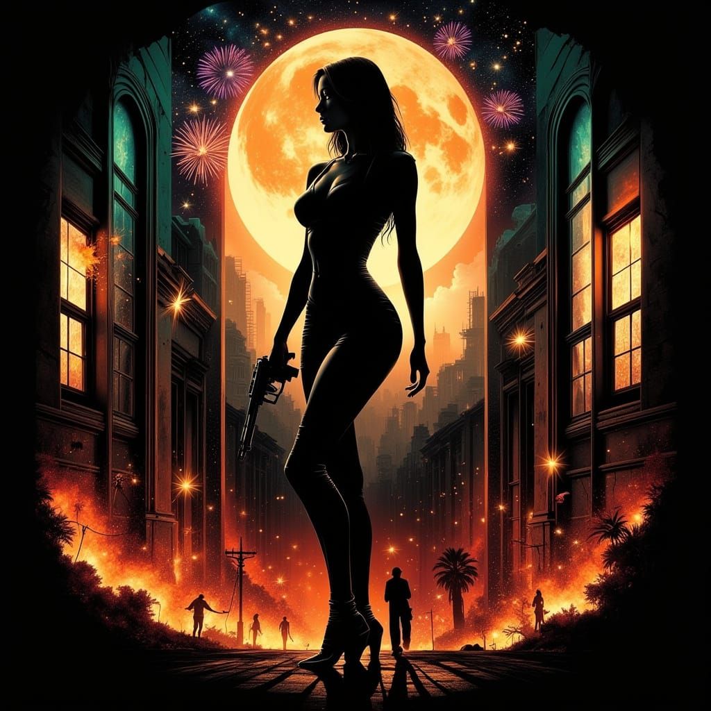 Bond Girl Silhouette in Cuba with Fire and Fireworks