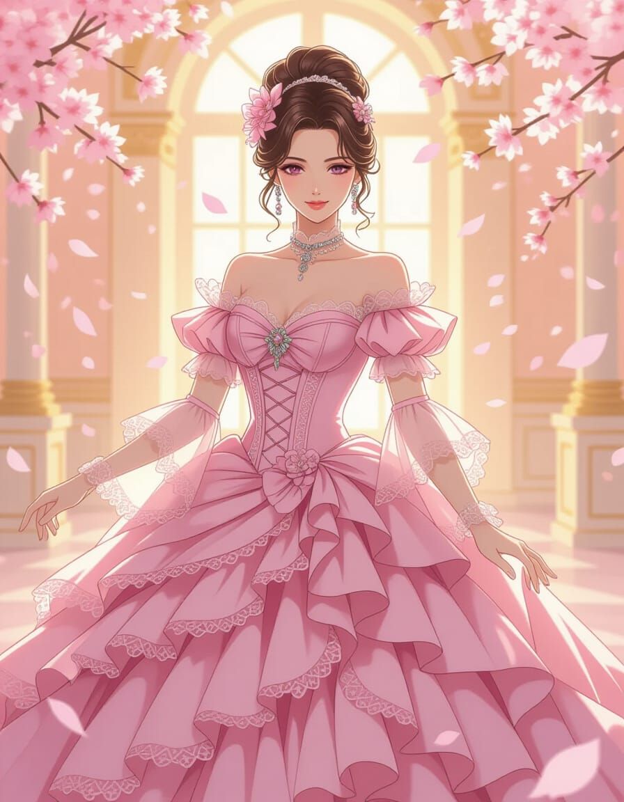 Victorian Noblewoman in Pink Anime Ballroom