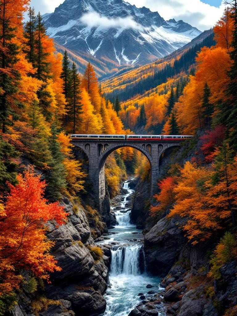 Autumn Mountain Train Bridge in 8K