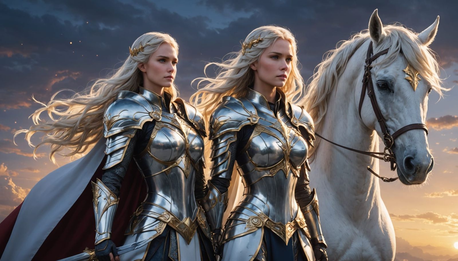 Anime Valkyrie and Warhorse Under Twilight Sky