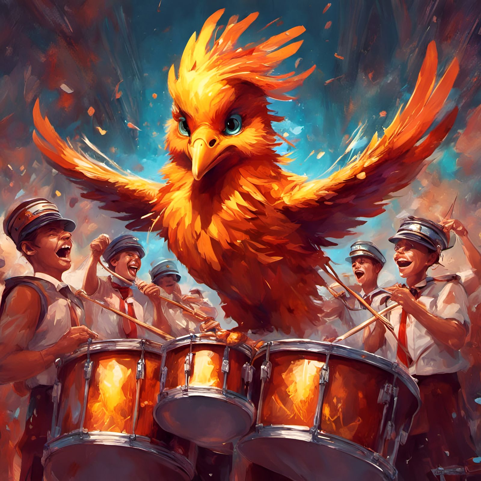 Joyful Phoenix Leads Marching Band: Digital Illustration